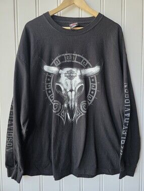 Vintage 2005 Harley Davidson Steer Skull Long Sleeve Biker Shirt Mens 2X